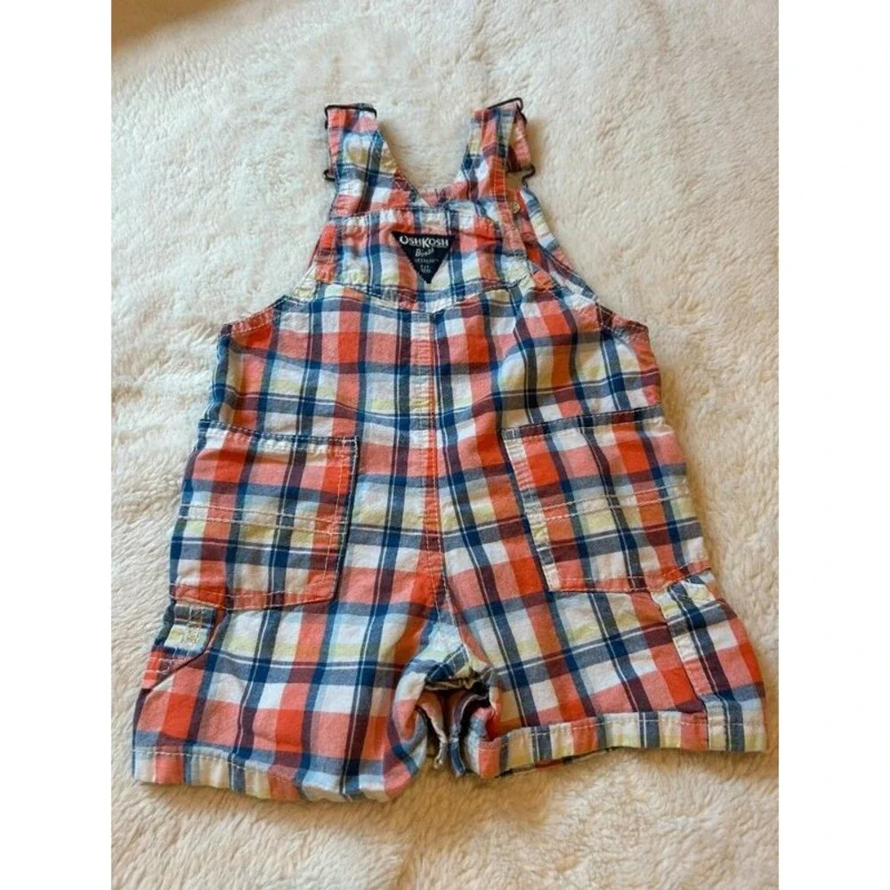 12M Boys Blue Orange Plaid OshKosh Snap Shorts Overalls